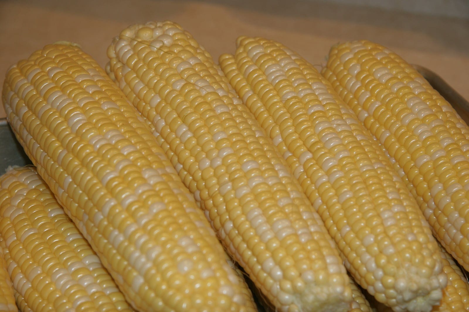 Mazorcas peladas de maíz dulce (Zea mays) que muestran las hileras apretadas de granos rollizos, de color amarillo pálido y blanco, dispuestos a lo largo del zuro.