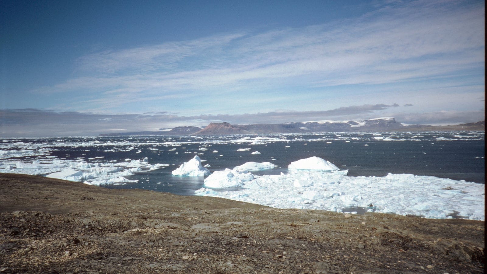 Brash ice and grounded bergs off a bare gravel shore below flat-topped mesas, James Ross Island, Antarctica.