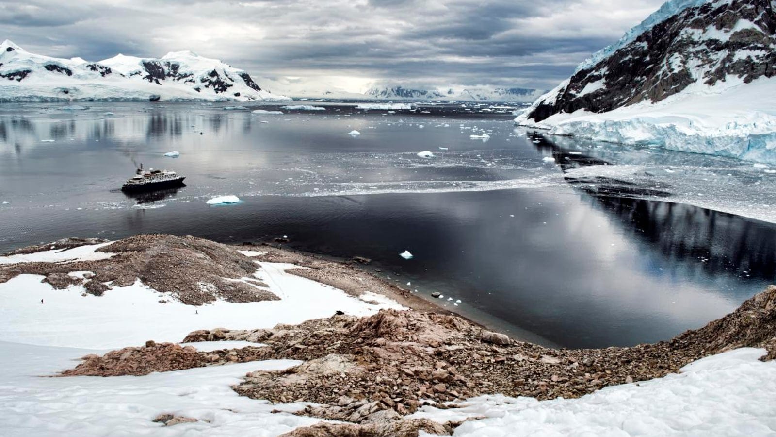 Laderas costeras nevadas y agua cubierta de hielo en Neko Harbour, en la península Antártica.