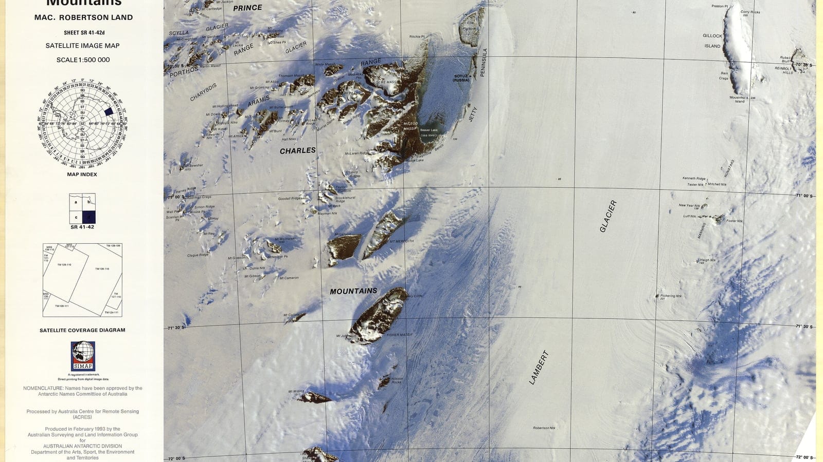 Satellite image map of Jetty Peninsula in the north Prince Charles Mountains tundra region.