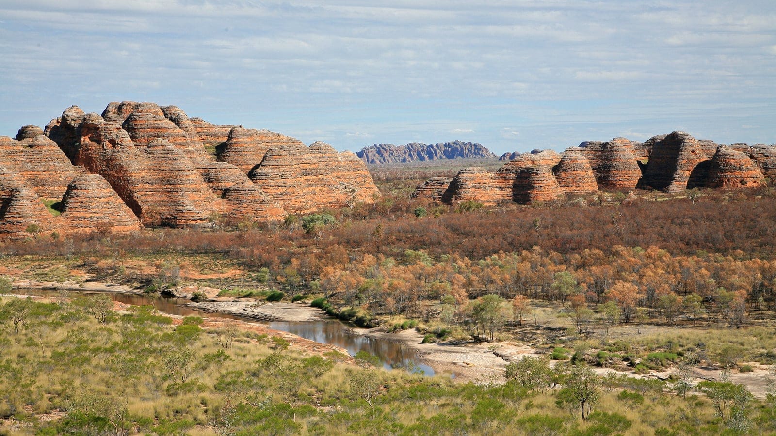 Banded sandstone domes above spinifex flats and a shallow creek pool, Purnululu, Western Australia.