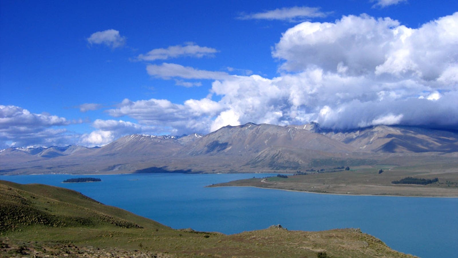 Tussock grassland and lake basin around Lake Tekapo, New Zealand.
