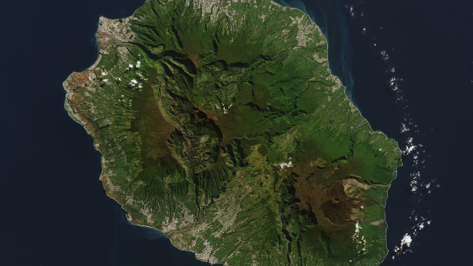 Satellite view of forested volcanic cirques, ridges and a dark crater on Reunion Island.