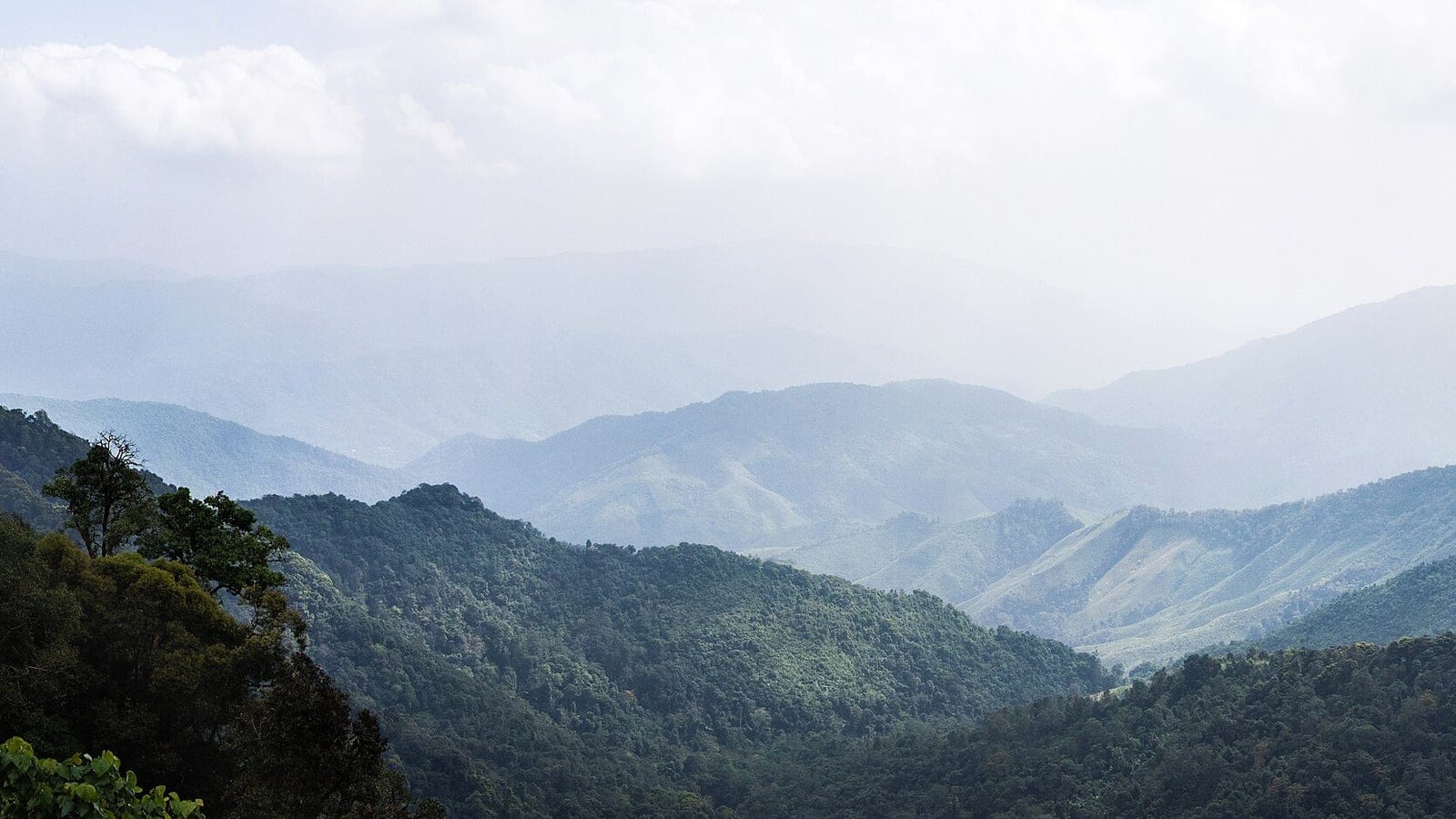A panorama of cloud-draped forested mountain ridges of the Luang Prabang Range in Doi Phu Kha National Park, northern Thailand.
