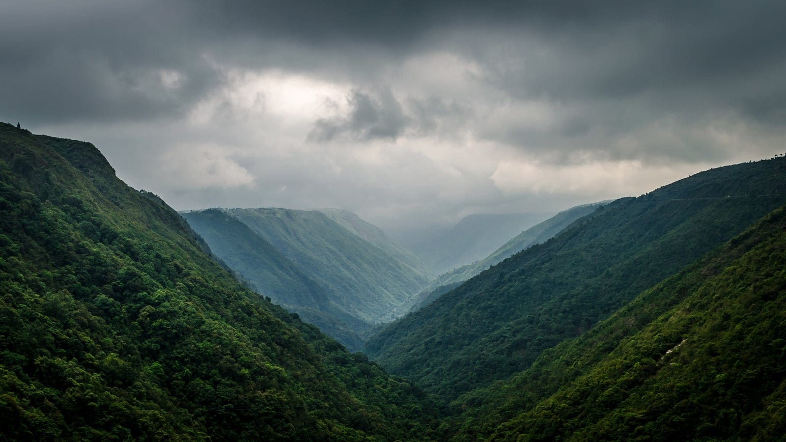 Forested ridges running into a deep valley under monsoon cloud in the Khasi Hills, Meghalaya.