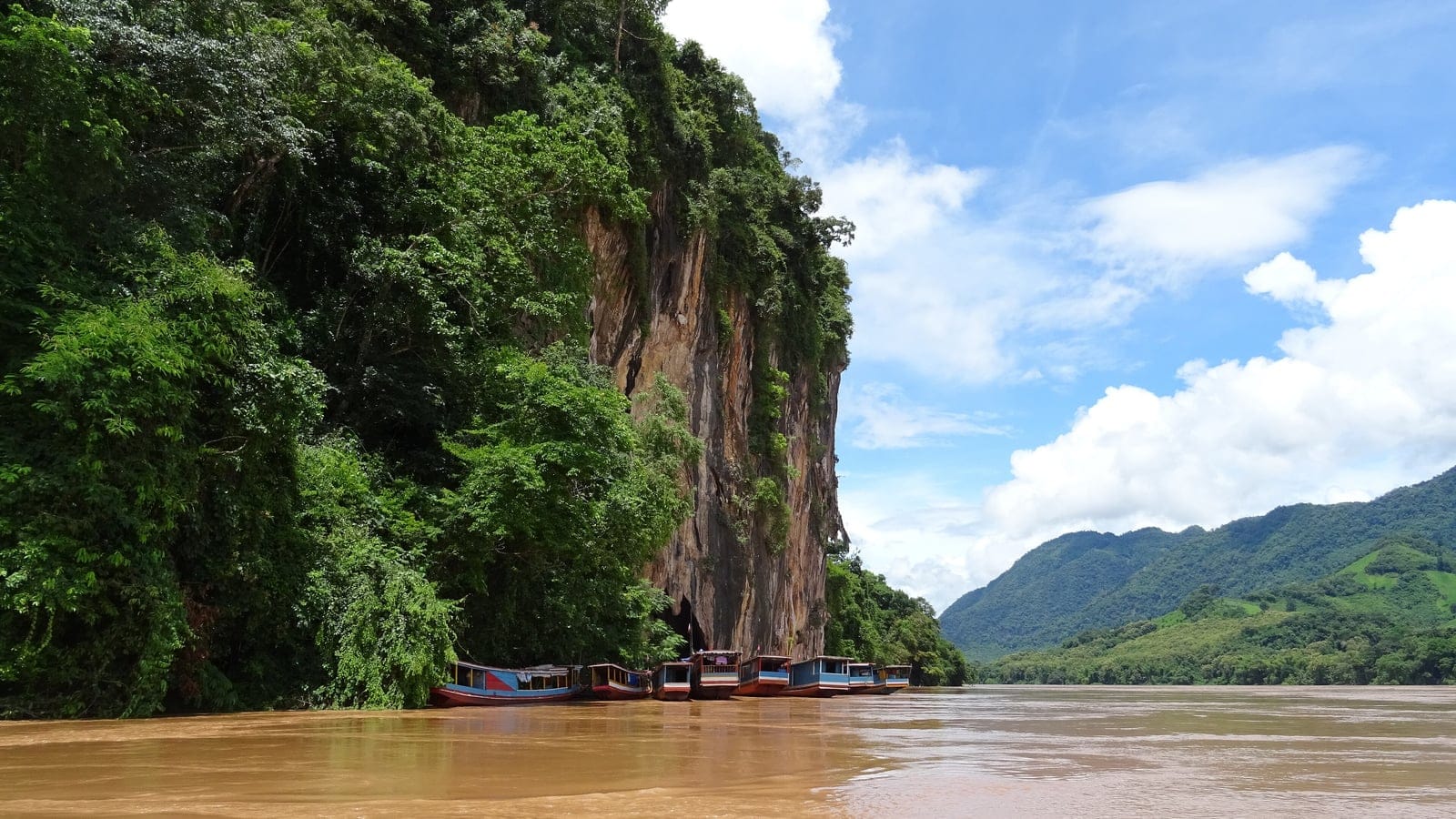 Forest clad limestone cliff above the silt brown Mekong at Pak Ou, Luang Prabang Province, Laos.