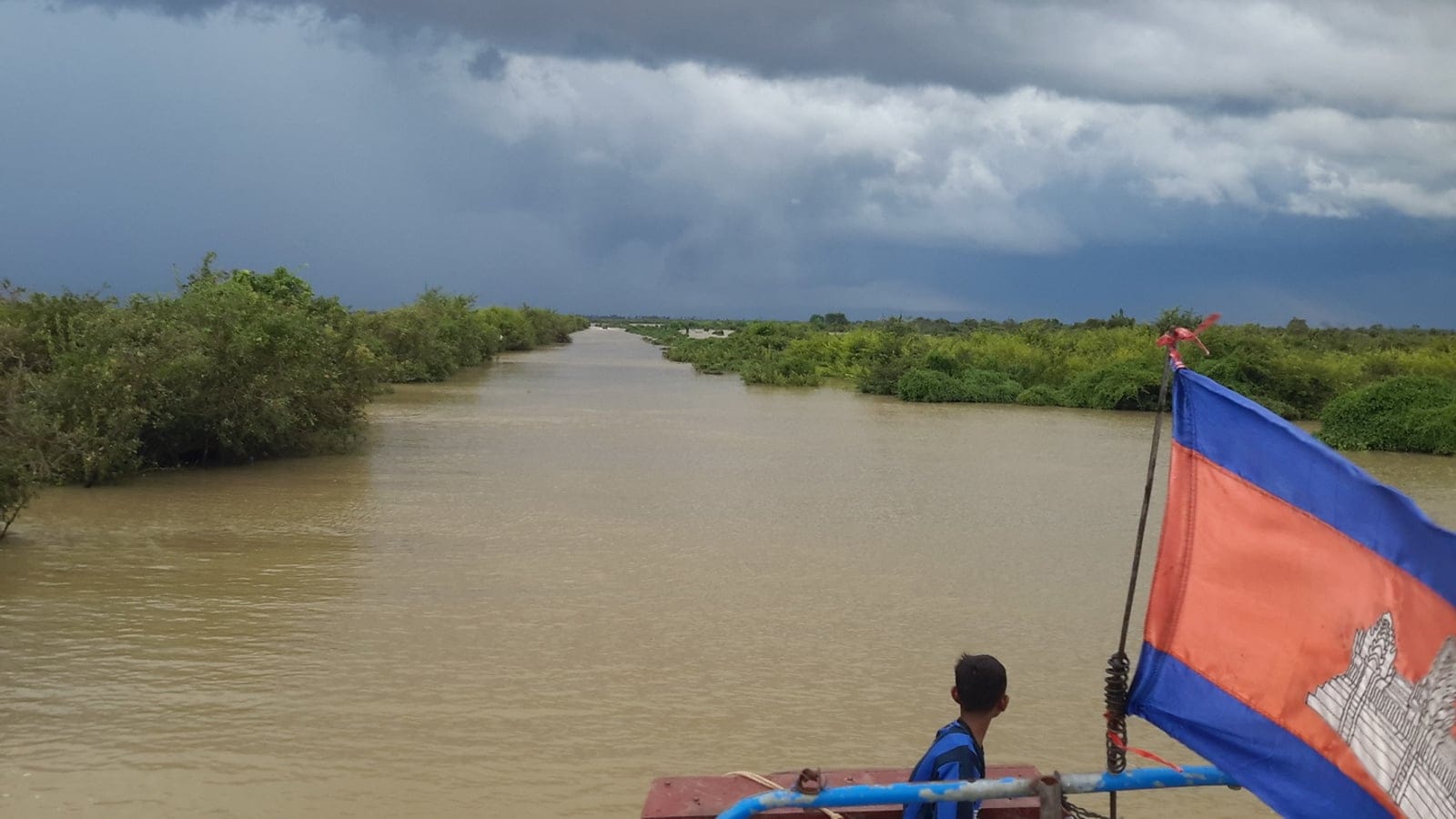 Matorral inundado medio sumergido a lo largo de un canal limoso bajo un cielo de tormenta, Tonlé Sap, Camboya.