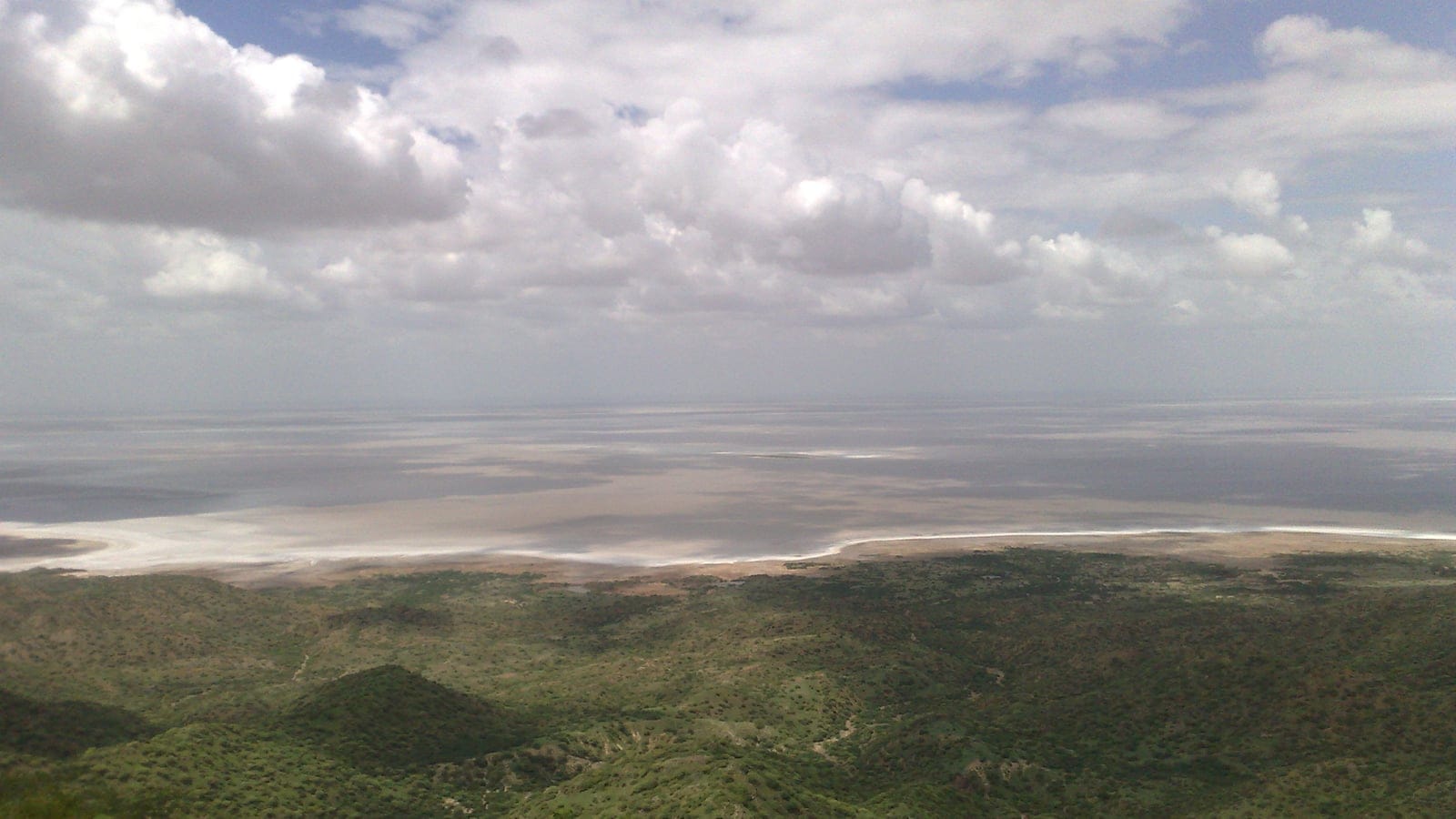 Thorn scrub hills falling to the white salt crust and standing brine of the Rann of Kutch, India.