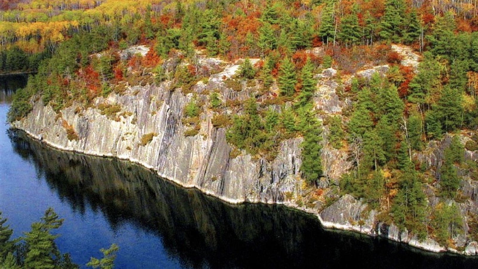 Autumn birch, maple and white pine on a fractured rock face above dark lake water, Grassy Bay, Voyageurs National Park, Minnesota.