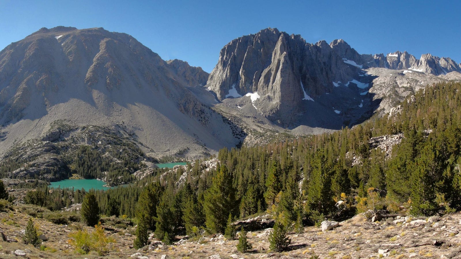 Glacial lakes and pine forest below Temple Crag in the John Muir Wilderness, California.