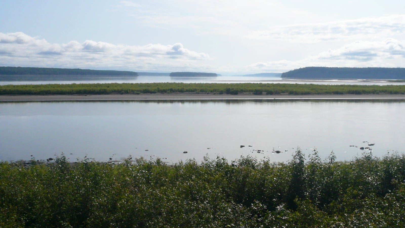 Willow covered sandbars where the Liard joins the Mackenzie River near Fort Simpson, Northwest Territories.