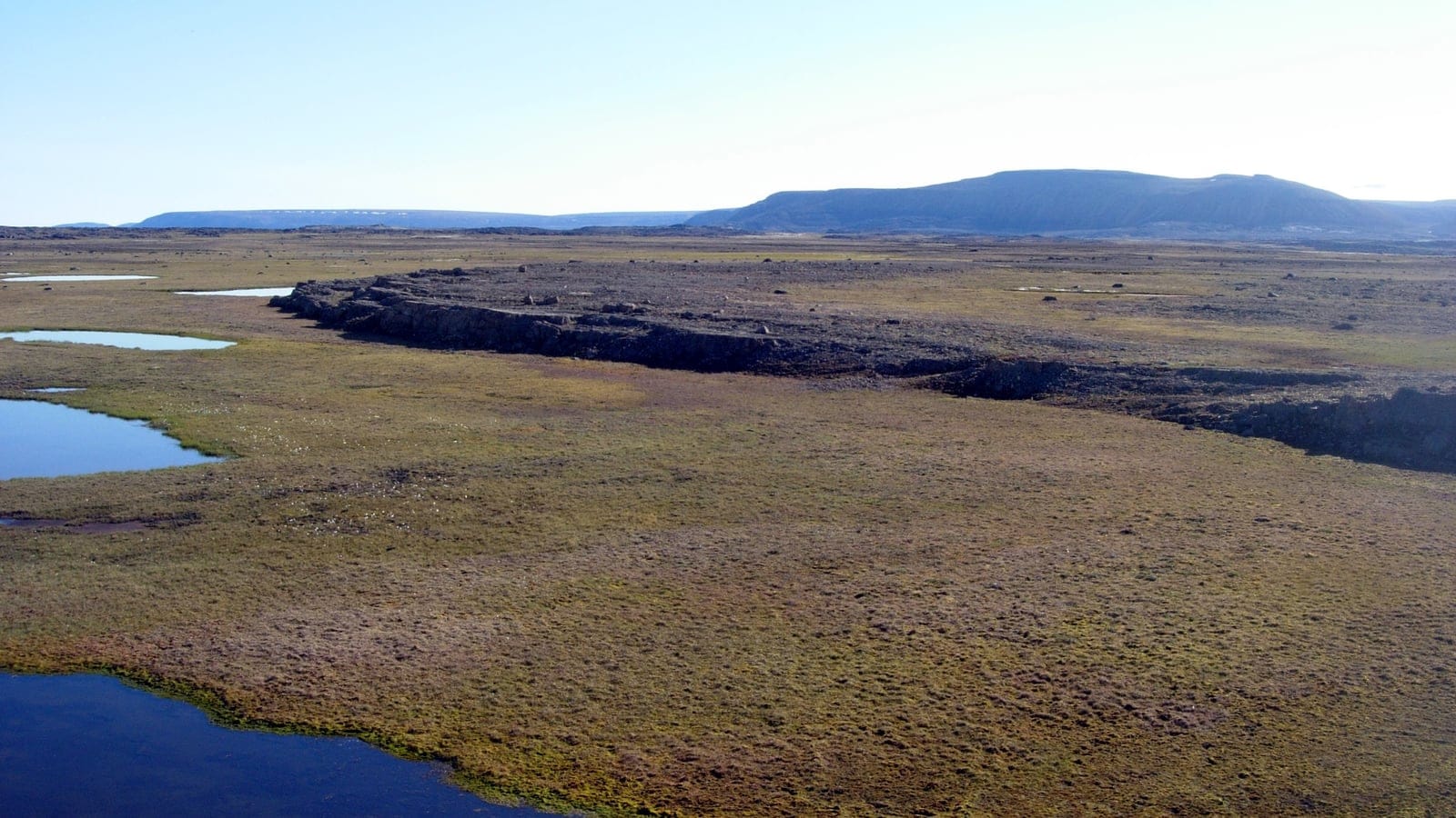 Tundra de juncias y musgos con estanques someros bajo una escarpa de dolomita, isla Devon, Nunavut.