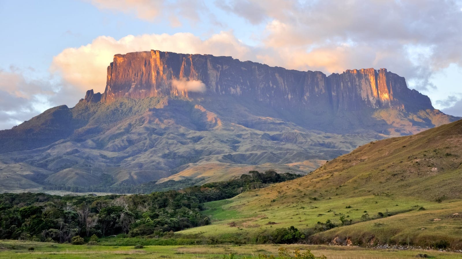 Sunlit cliffs of Kukenan tepui above savanna and gallery forest, Gran Sabana, Venezuela.