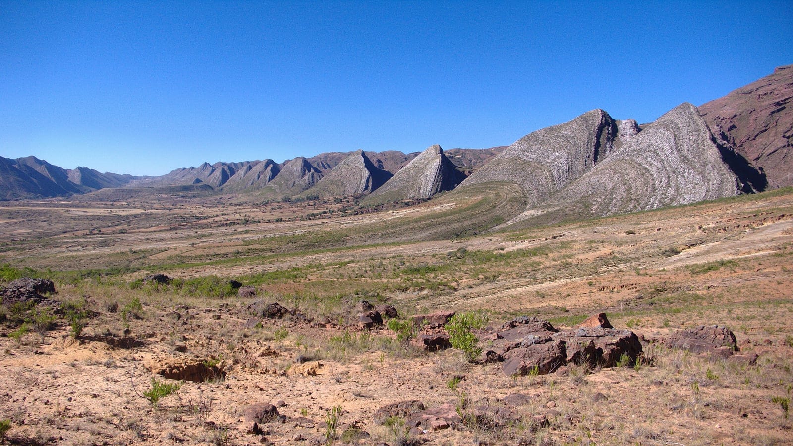Dry montane valley and folded rock formations in Torotoro National Park, Bolivia.