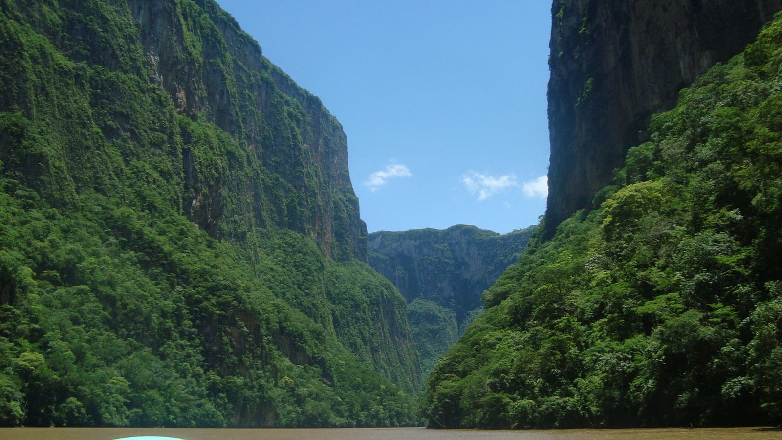 Acantilados boscosos y vegetación de bosque seco en el Cañón del Sumidero, en Chiapas.