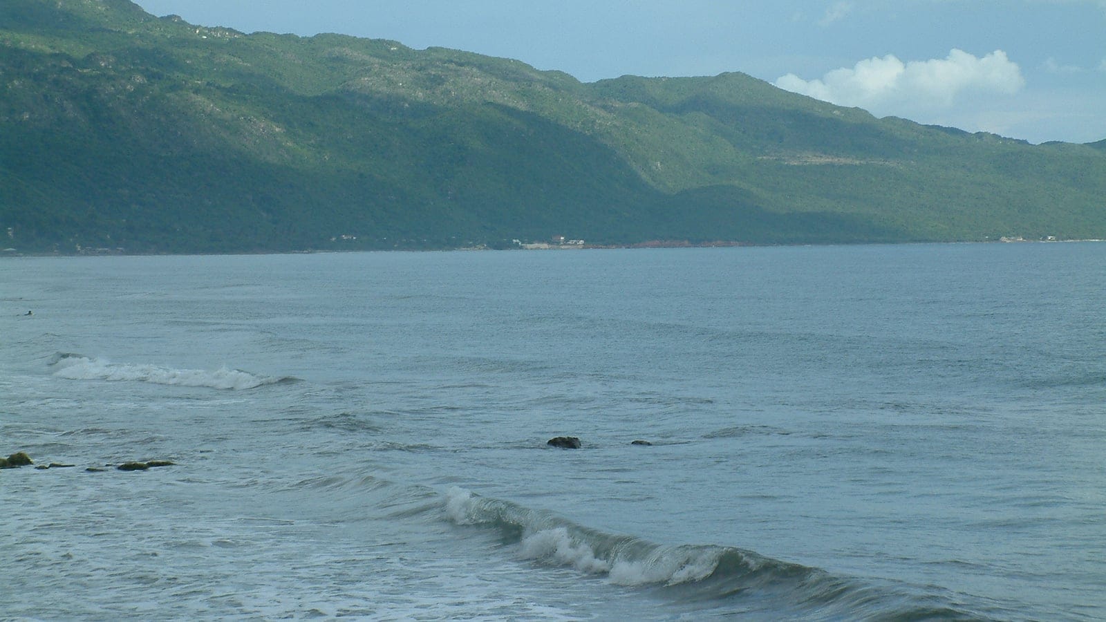 Scrub-covered limestone hills above breaking surf at Alligator Pond, southern Jamaica.