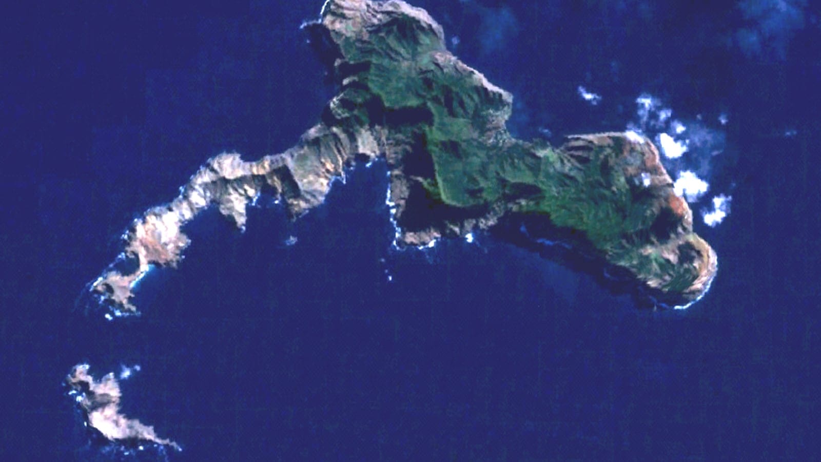 Satellite view of Robinson Crusoe Island, with forested eastern uplands and a bare western ridge, Juan Fernandez, Chile.
