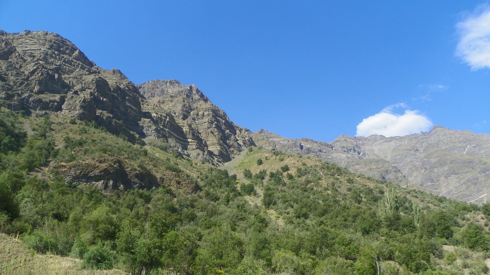 Dry Chilean matorral slopes and mountain terrain in Cajon del Maipo.