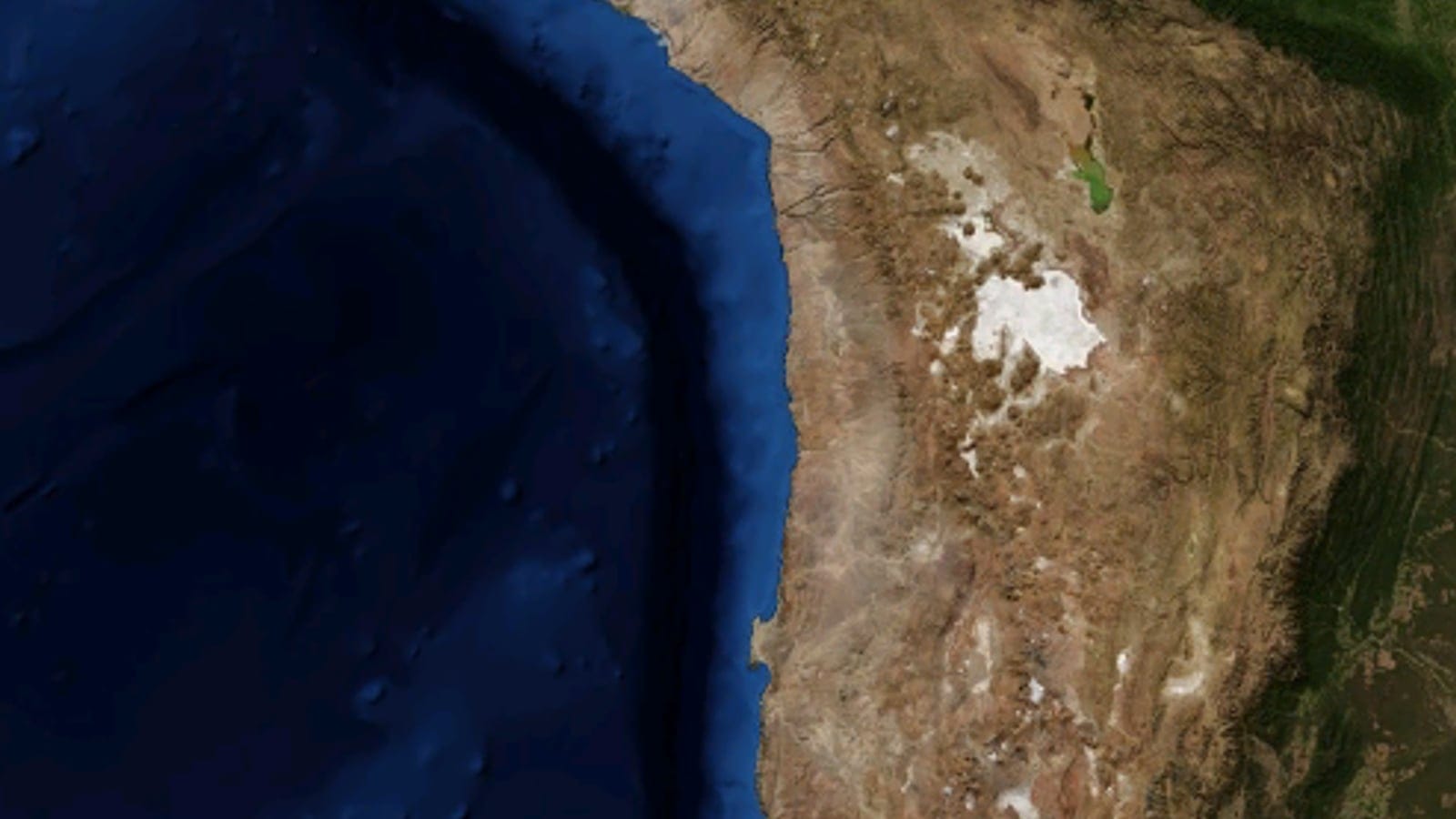 Satellite view of the bare Pacific coastal desert and Andean foothills of the Atacama, Chile.