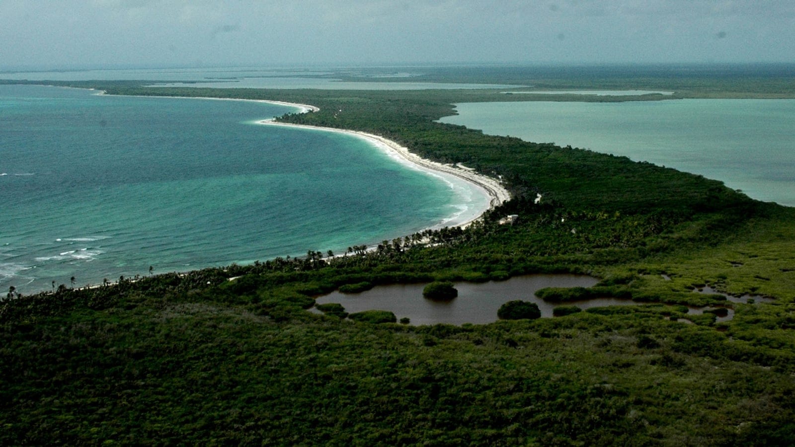 Aerial wetland and lagoon landscape in Sian Ka'an Biosphere Reserve, Quintana Roo.