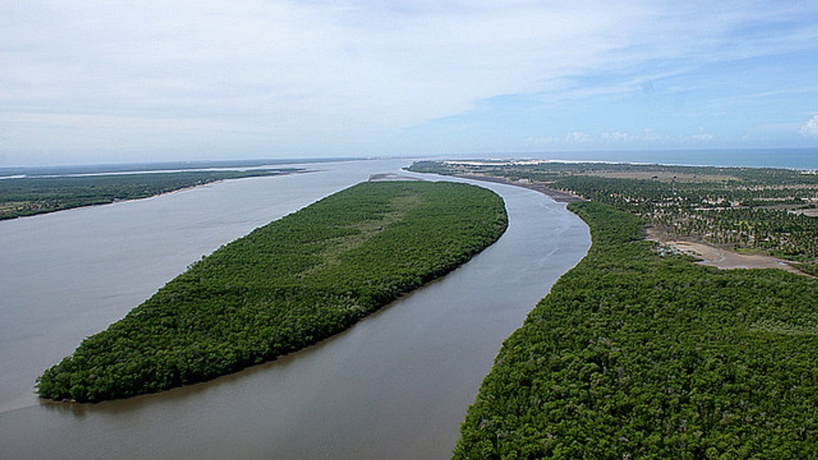 Mangrove island and mangrove-lined banks in the estuary at Mangue Seco, Bahia, Brazil.