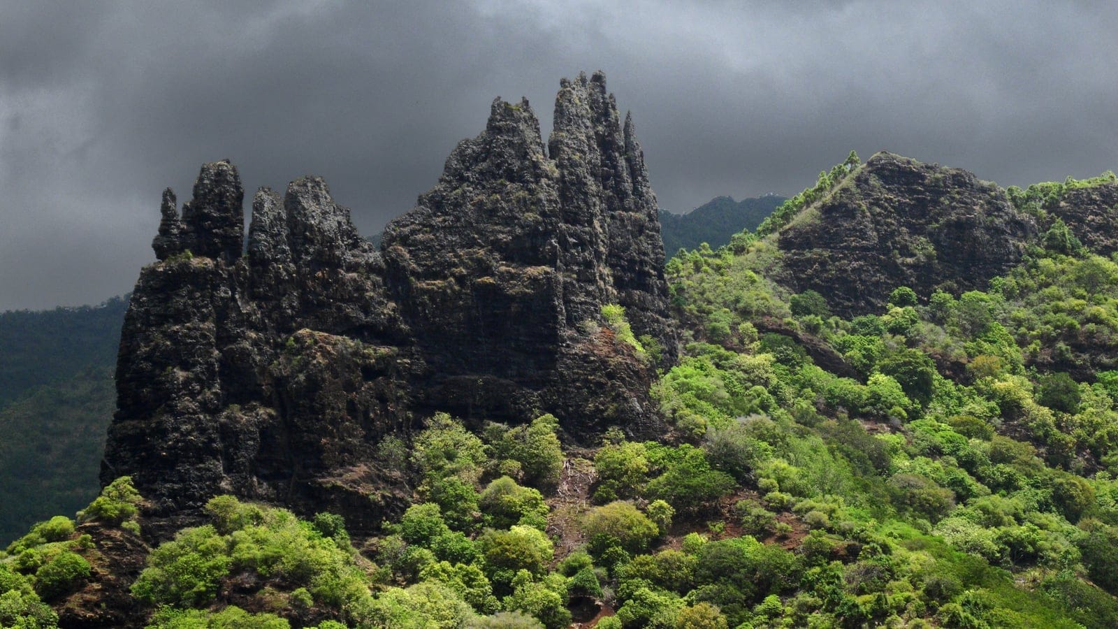 Pináculos volcánicos sobre densa vegetación arbustiva y bosque en Nuku Hiva, islas Marquesas.
