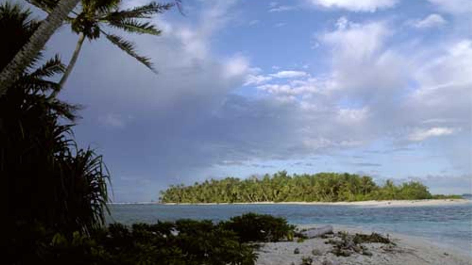 Palm-fringed islet across the lagoon under broken cloud, Funafuti Atoll, Tuvalu.