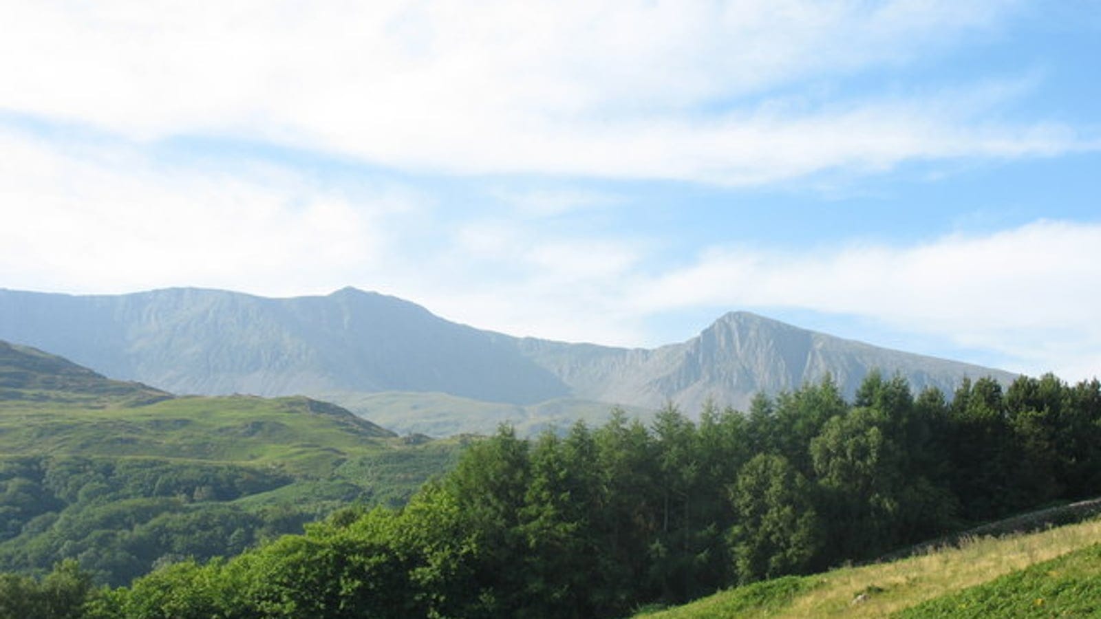 Broadleaf woodland and upland pasture above Llyn Gwernan in Wales.