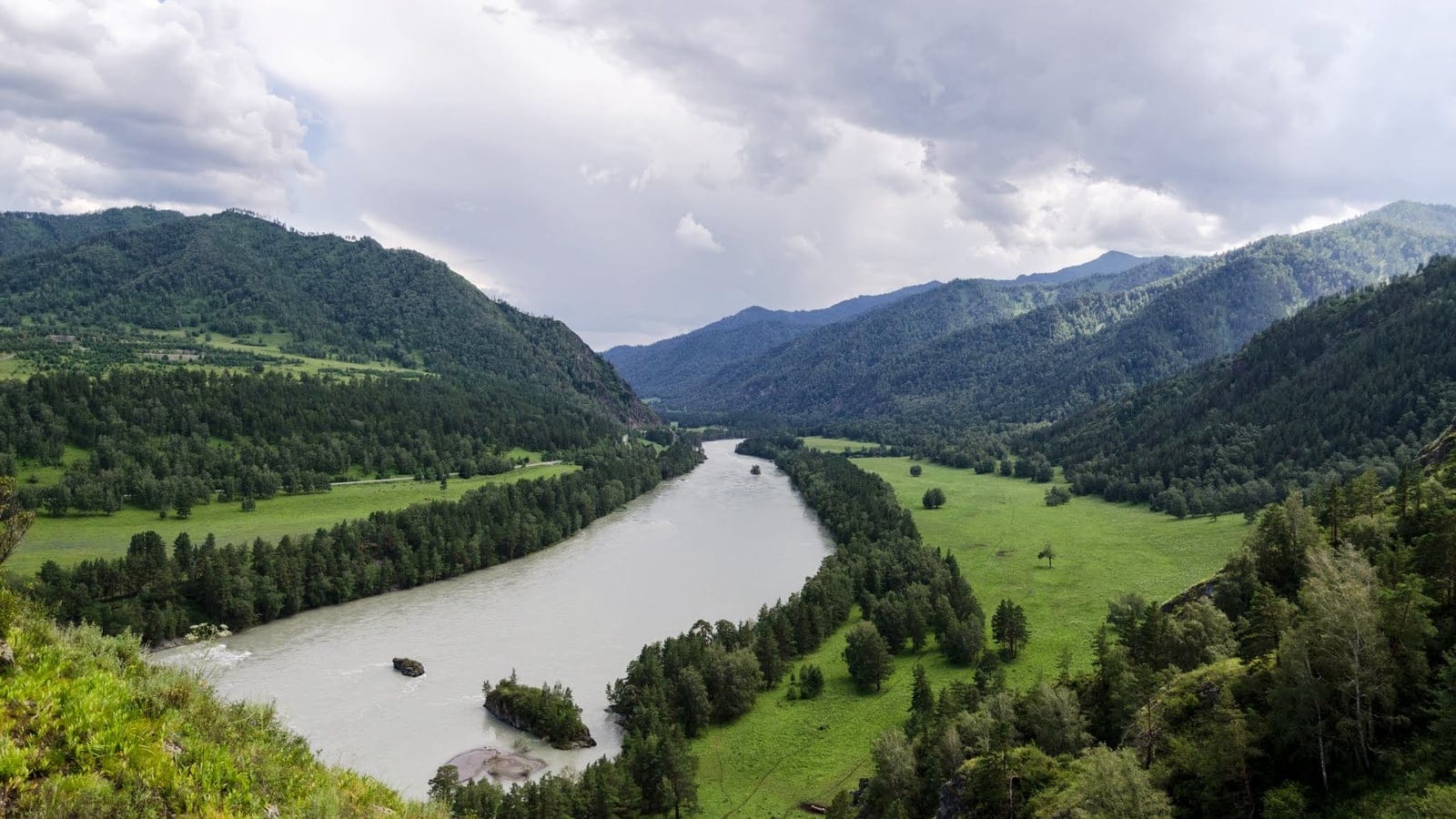 Forest, meadow, and river valley mosaic in Chemalsky District, Altai Republic, Russia.