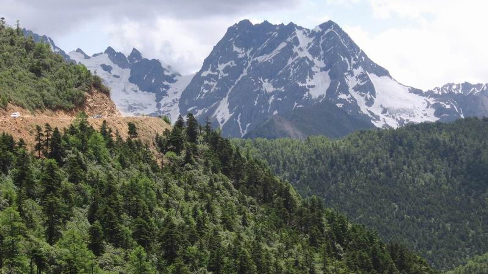 Bosque de abetos en laderas empinadas bajo un pico veteado de nieve en Diqing, Yunnan.