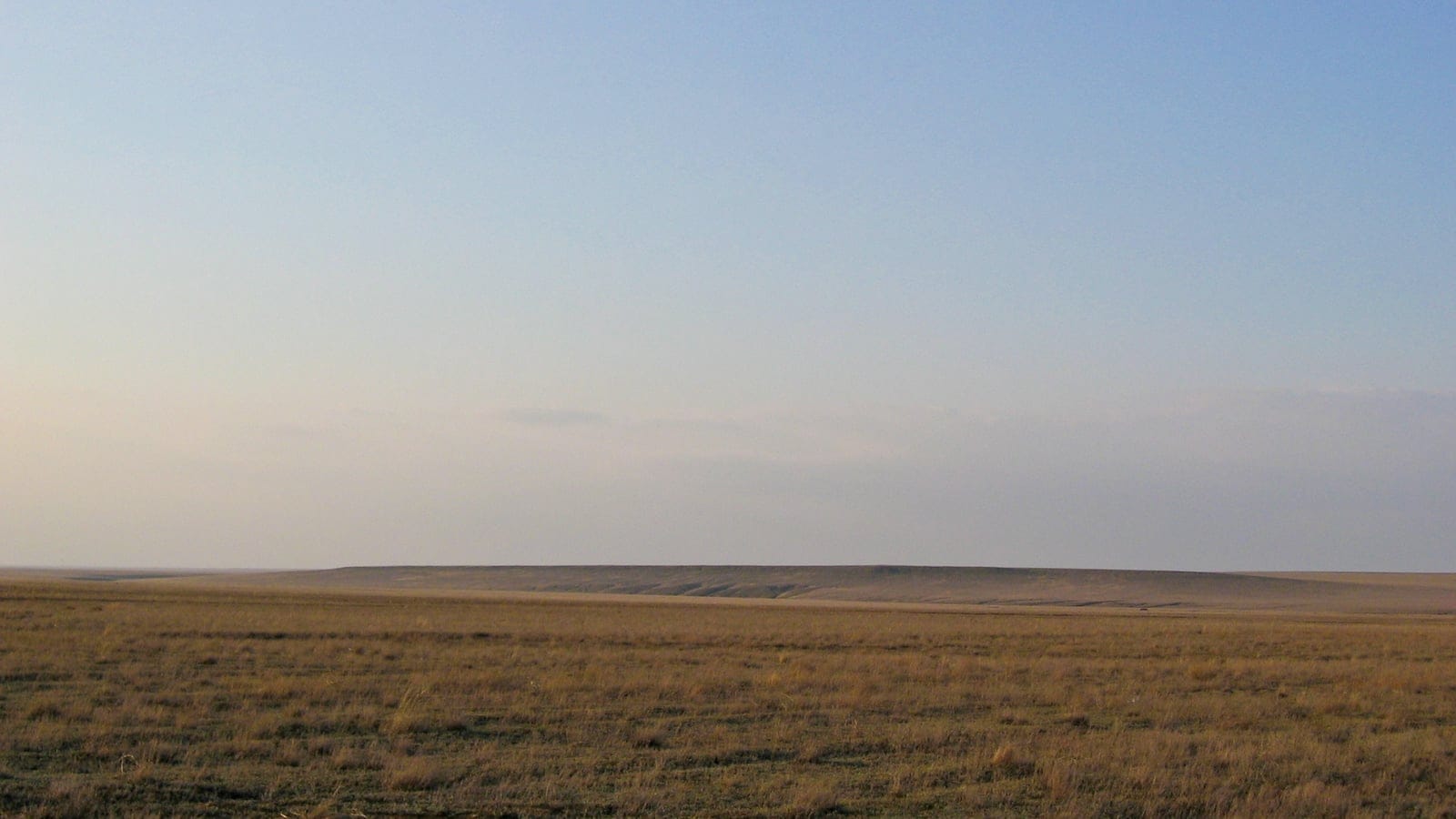 Dry steppe grassland running to a low escarpment in western Kazakhstan.