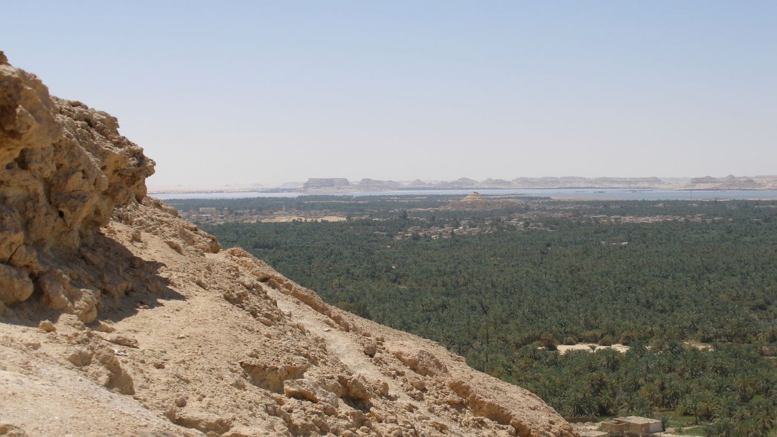 Limestone escarpment overlooking date palm groves and salt lakes at Siwa Oasis, Egypt.
