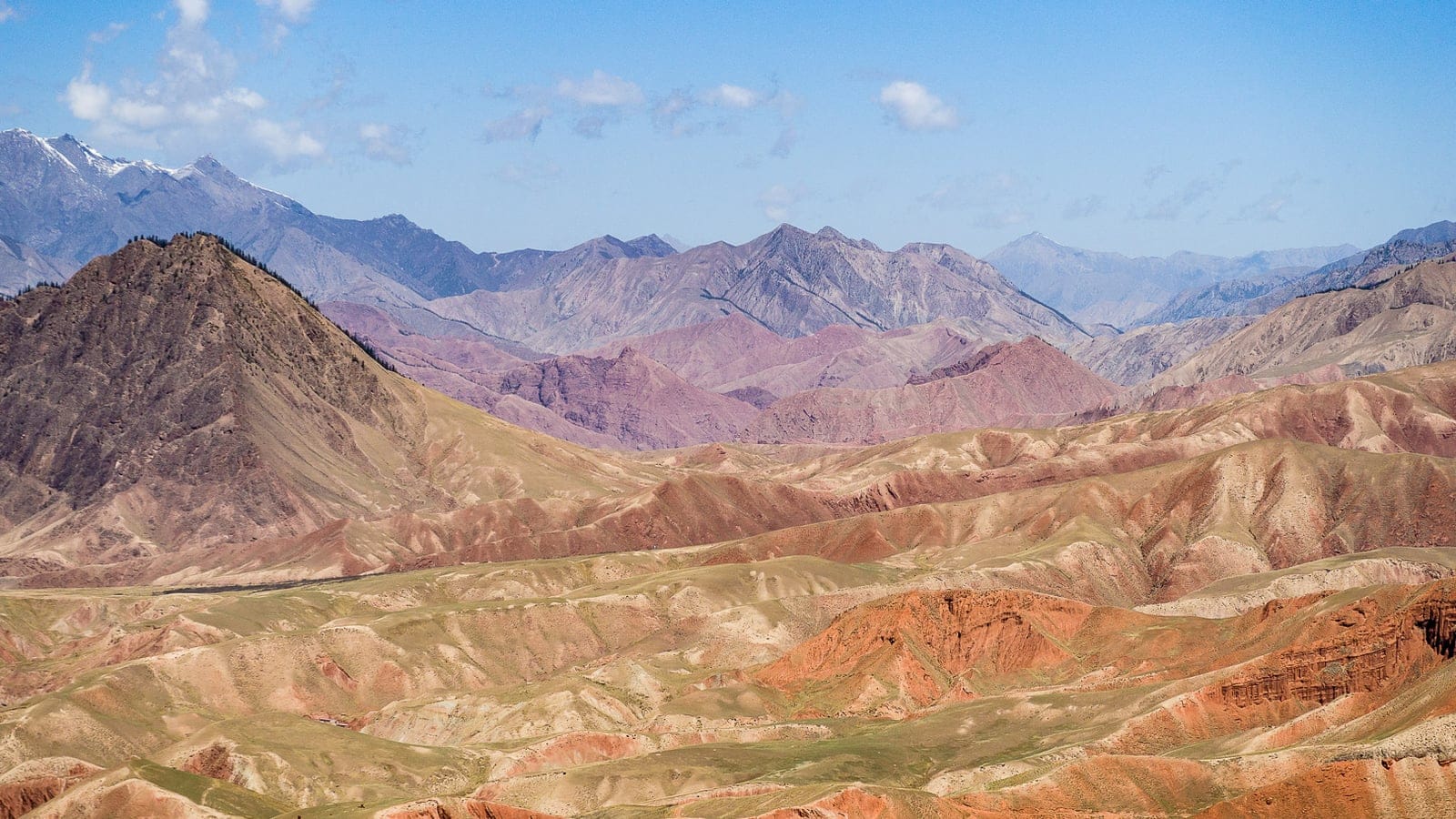 Thin green turf over eroded red and ochre ridges below snow-streaked peaks, Qilian Mountains, China.