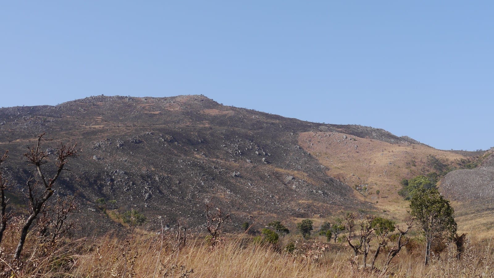 Fire-blackened rocky slopes and dry tussock grass on Mount Moco, Huambo Province, Angola.