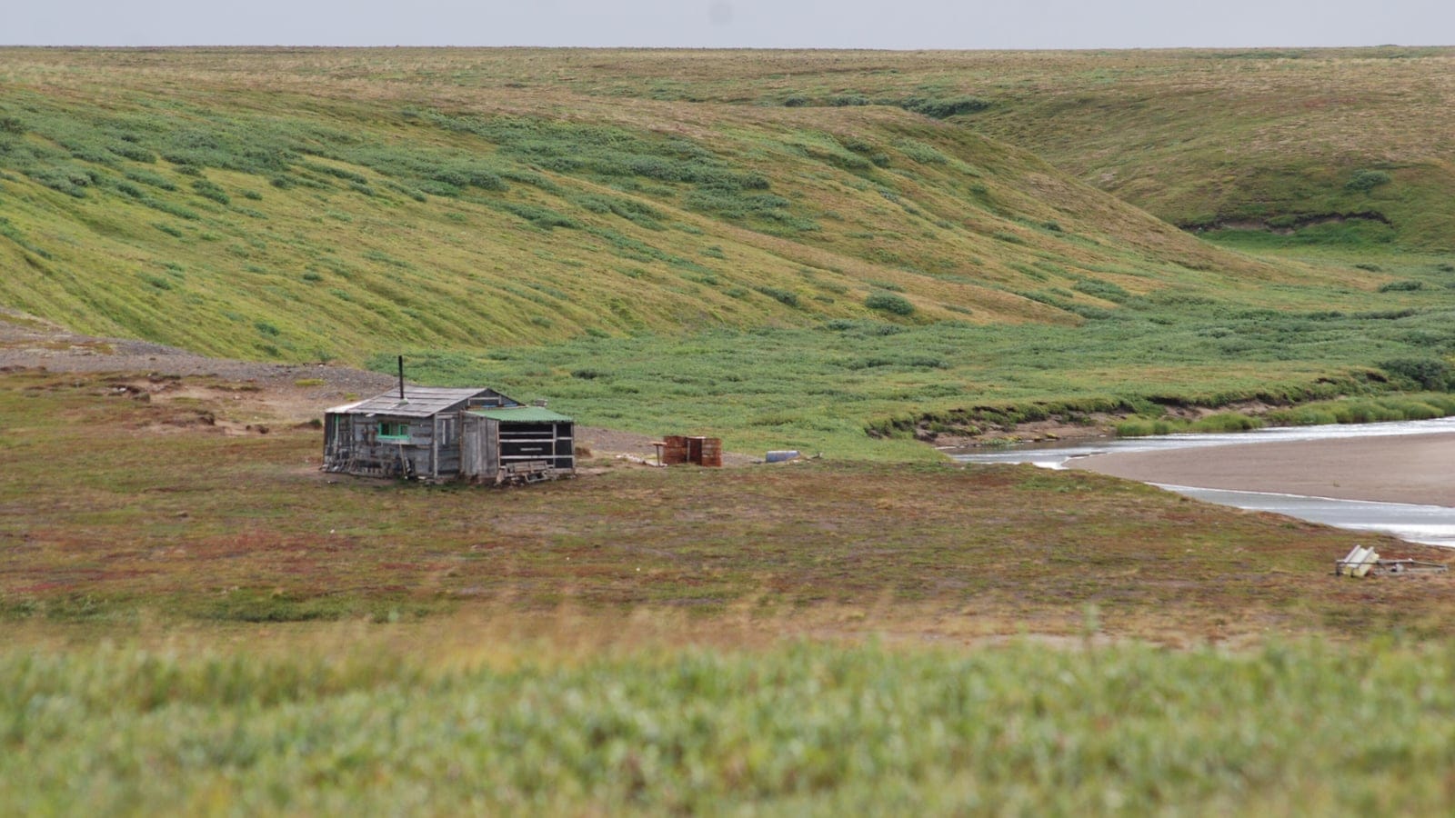 Green tundra slopes and a weathered plank hut above a river beach on Kolguyev Island, Russia.