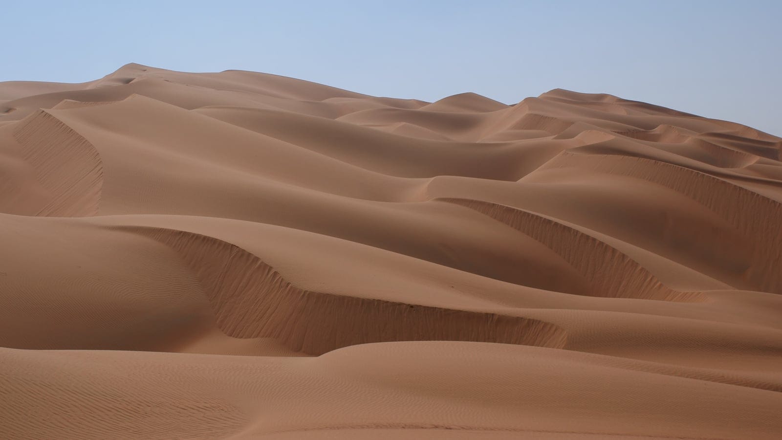 Wind-sculpted dunes in the Rub al Khali sand desert on the Arabian Peninsula.