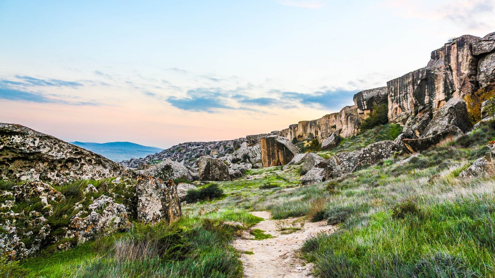 Rocky shrub-steppe terrain in Gobustan State Reserve, Azerbaijan.