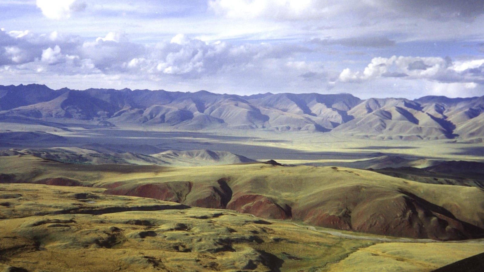 Rolling desert steppe and eroded red slopes above the Uvs Nuur Basin.