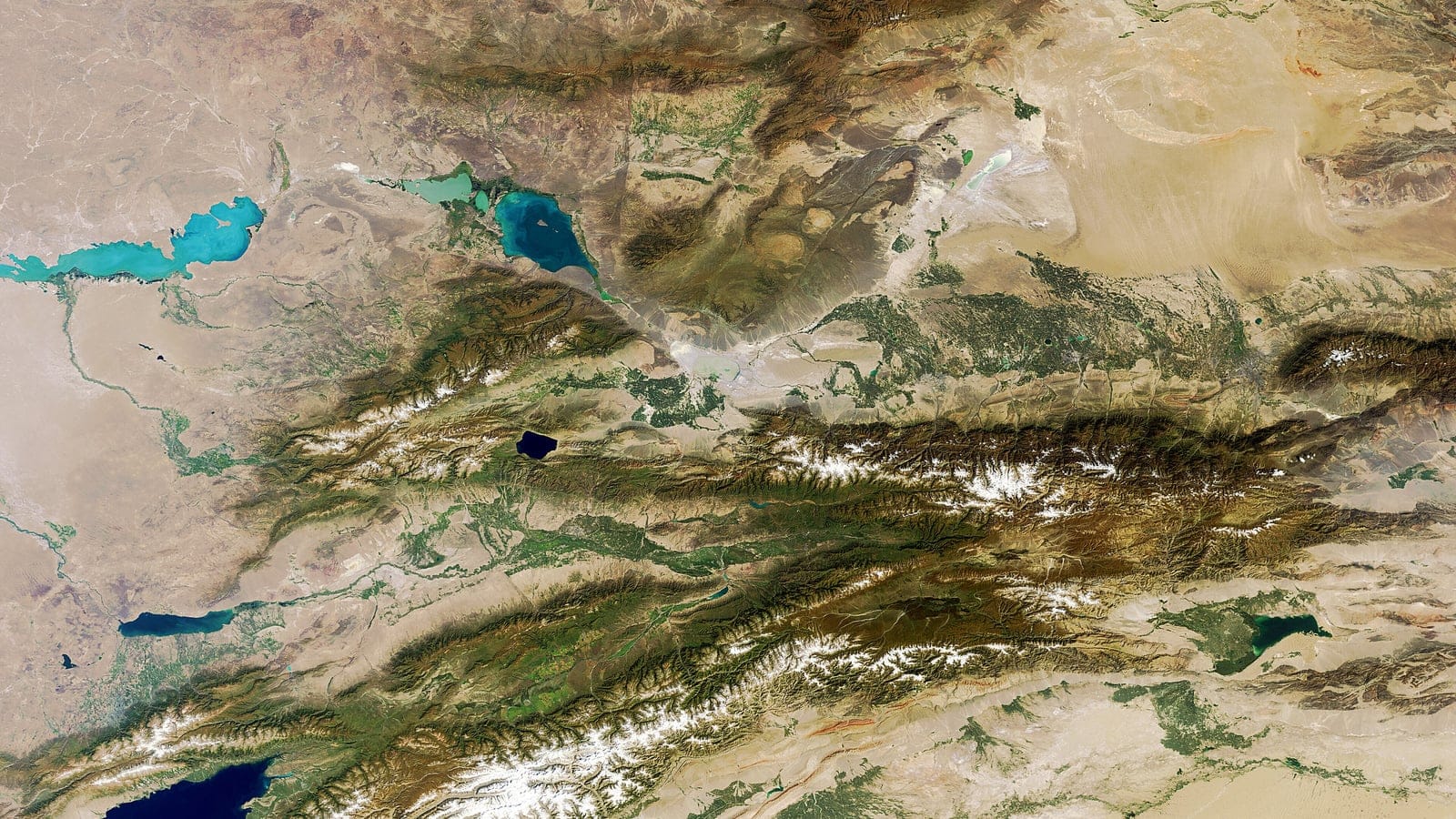 Satellite view including the Dzungarian Basin and Gurbantunggut Desert in Central Asia.
