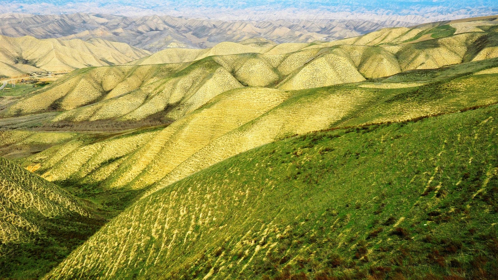 Green and straw-coloured grass over rolling loess hills in Golestan, northern Iran.