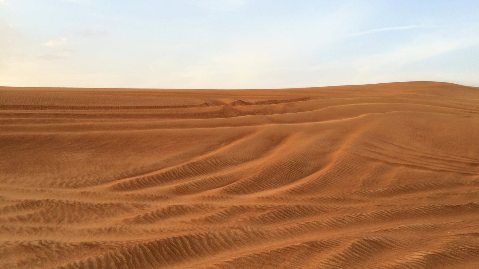 Wind rippled red sand dunes with vehicle tracks and no plant cover near Sharjah, United Arab Emirates.